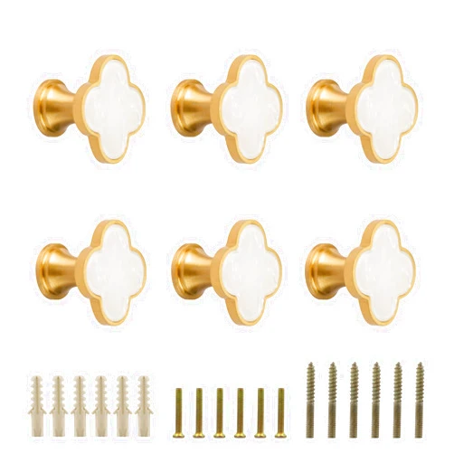 EVERGD 27mm Pure Copper Handle Shell Brass Gold Wardrobe Kitchen Cabinet Door Knobs Drawer Cupboard Hardware Pull Handle Clothes Coat Hook Modern Simple (6, Four-Leaf-Pearl Rainbow)