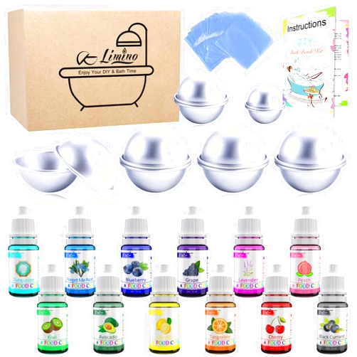 Limino 12 Pieces Bath Bomb Mold Set with 12 Soap Dye, Shrink Wrap Bags - DIY Bath Bombs Making Supplies Kit - Food Grade Skin Safe Bath Bomb Dye for Soap Coloring, Crafting Fizzles - with Instructions