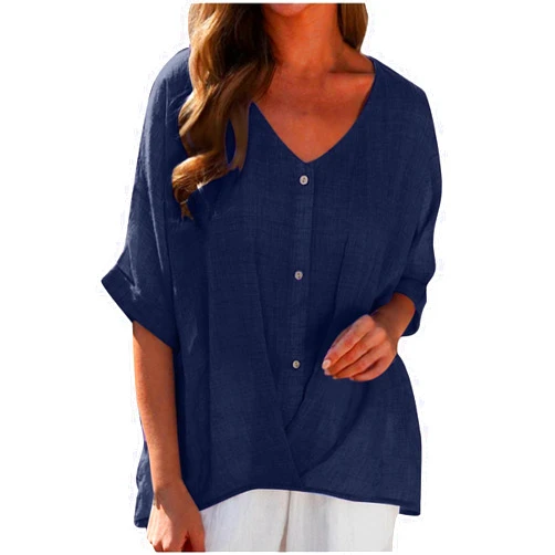 Generic Plus Size 3/4 Sleeve Shirts for Women,Button V Neck Pleated Patched Tunics,Solid Casual Loose Top Cotton Linen Summer Blouse