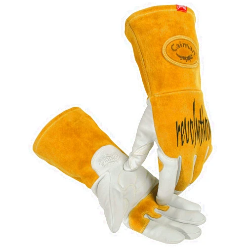 Caiman Premium Goat Grain TIG/MIG Welding Gloves, Split Cowhide Back, Flame Resistant Back, White/Gold, X-Large (1868-6)