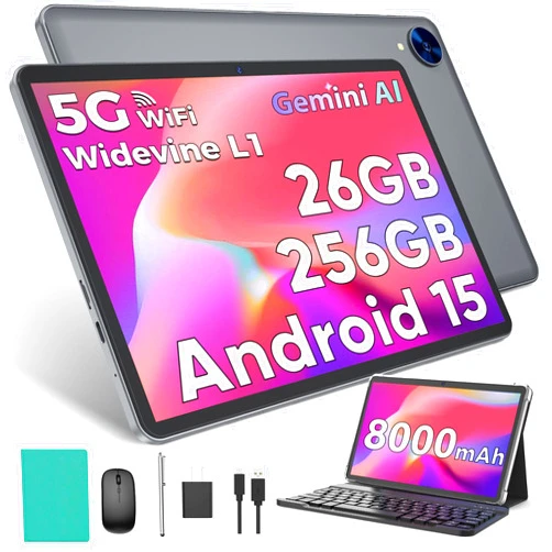 YOBANSE Android 15 Tablet with Keyboard, 26GB RAM, 256GB ROM(2TB Expand), 10 inch tablet with Octa-core, 8000mAh Battery, 2.4G/5G WiFi, BT 5.0, 5MP+13MP Camera, Gemini AI, Case, Mouse, Stylus (Green Case)