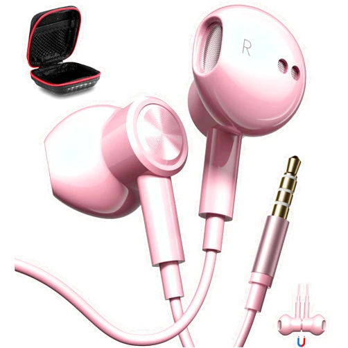 ACAGET 3.5mm Pink Wired Headphones with Mic Corded Earphones for iPhone iPad iPod with 3.5mm Plug Aux Earbuds for PC Laptop MP3 MP4 Galaxy A25 A15 A03s Noise Canceling Stereo Earpiece for Girls Women