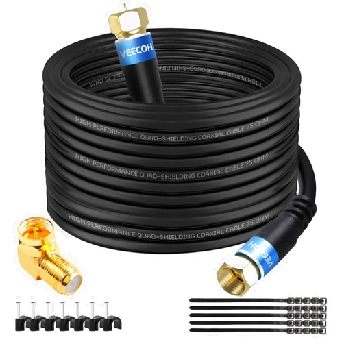 VEECOH Coaxial Cable 100ft Quad Shielded Digital RG6 Antenna Cable RG6 Coax Cord with Angled Male to Female Adapter+25 Cable Ties+25 Cable Clips