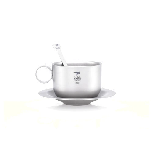 Keith Titanium Ti3601 Double-Wall Coffee Cup with Saucer and Spoon