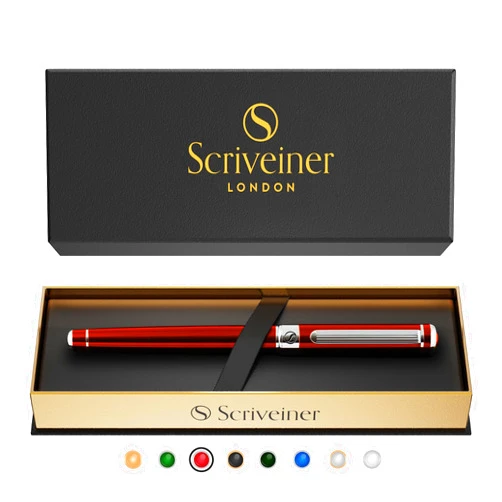 Scriveiner Deep Crimson Red Rollerball - Stunning Red Lacquer Luxury Pen with Chrome Finish, Schmidt Ink Refills, Roller Ball Pen Gift Set for Men & Women, Professional, Executive, Office, Nice Pens