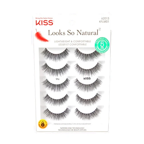 KISS Looks So Natural, False Eyelashes, Shy', 12 mm, Includes 5 Pairs Of Lashes, Contact Lens Friendly, Easy to Apply, Reusable Strip Lashes, Glue On