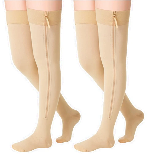 Sosation 2 Pairs Zipper Compression Socks Thigh High 20-30 mmHg Compression Socks Closed Toe Thigh High Compression Stockings (Beige,Medium)