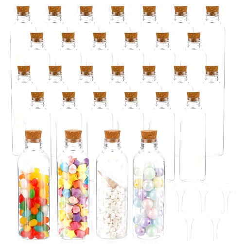 BTSKY 30 Pcs 5 oz Plastic Mini Potion Bottles Small Jars with Cork Lids DIY Decoration Clear Sand Art Bottles Tiny sand Jars Wishing/Message Bottle for Halloween Decorations, Wedding/Party Favors