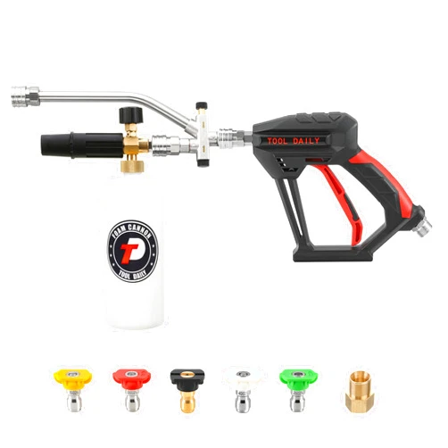 Tool Daily Short Pressure Washer Gun with Foam Cannon, Dual Connector Accessory, 1/4 Inch Quick Connect, 5 Spray Nozzle Tips, 1 Liter