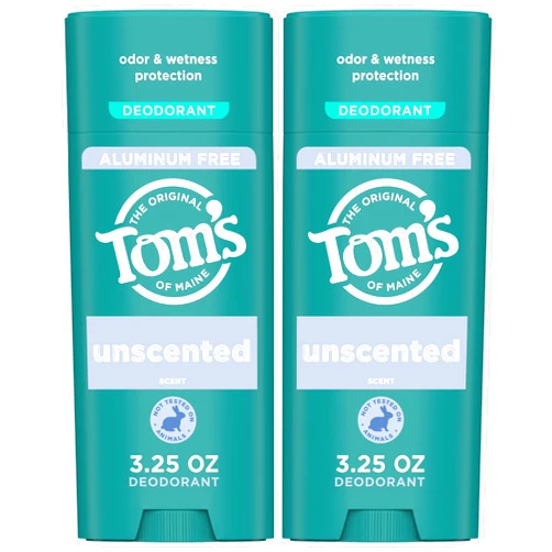 Tom's of Maine Tom’s of Maine Unscented Aluminum Free Natural Deodorant For Women & Men | Goes on Clear | Odor & Wetness Protection | Naturally Derived and Moisture-Locking Ingredients | 3.25 oz (2 Pack)