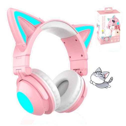 YIK TUNG Cute Cat Ear Bluetooth Headphones with Built-in Mic, Over Ear Wired Headphones with LED Lights, Foldable Wireless Headset with Cat Ear for Traveling, Gift for Boys Girls Teens Adult (Pink)