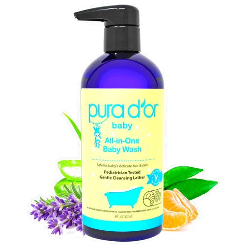 PURA D'OR 16 Oz All-in-One Calming Baby Wash & Shampoo For Hair & Entire Body, Tear Free, Sulfate Free, Natural Aloe Vera, USDA Biobased Gentle Formula