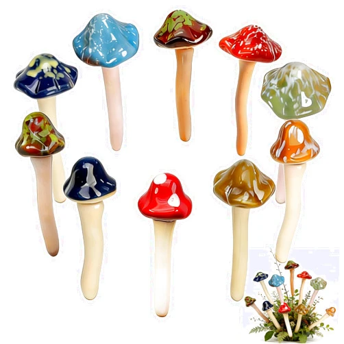 Csjzzt 10 Pack Ceramic Garden Mushrooms, Garden Decor,Lawn Ornament Decor Mushrooms for Fairy Garden, Patio, Indoor Plant Pots, 4.7