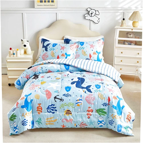 Joyreap 3pcs Cotton Twin Size Comforter Set for Kids, World of The Sea Theme Blue Design, Soft n Cozy Bedding Comforter for All Season- 68x88 inches