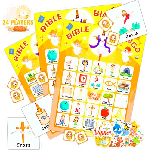 HomSeon 24 Players Bible Bingo Cards, Christian Bingo Game for Kids with Punny Stickers Jesus Religious Christian Game for Church Sunday Family Activities