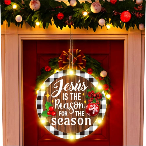 Blulu Christmas Hanging Sign Jesus Is the Reason for the Season Christmas Door Sign LED Lights Xmas Plaque Round Welcome Sign Christmas Wreath Wall Sign Front Door Decor Holiday Winter Home