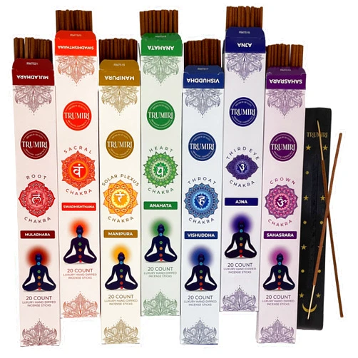TRUMIRI Chakra Incense Sticks - Total 120 Insence-Sticks (20 Insense x 6 Incents) - Incienso Incents-Sticks for 7 Chakra Meditation Muladhara Sacral Manipura Heart Throat Crown Ajna + Incense Holder