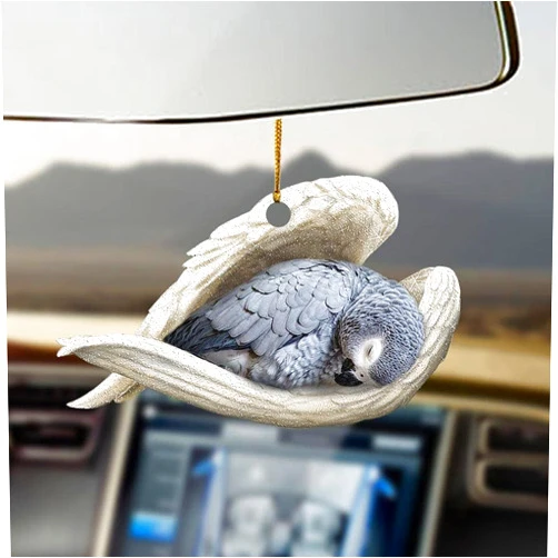 RoyKindsIII Customizable African Grey Parrot Car Hanging Ornament, Angel Wings Design, White and Silver