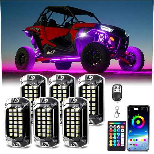 TDE Explorer.Lighting 6 Pods Full Angle RGBW LED Rock Lights, 6500K Pure White and RGB Rock Light for UTV ATV Golf Cart RZR SXS Truck SUV Car Underbody, 12V Waterproof Neon Underglow Kit with APP/RF Control Sync Music
