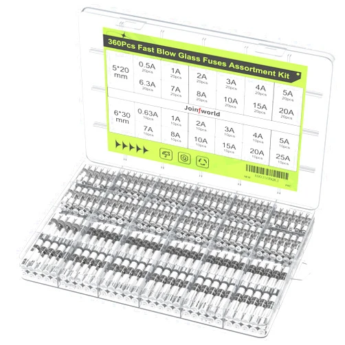 Joinfworld 360Pcs Fast Blow Glass Fuse Assortment Kit 24 Values Automotive Fuses Kit 250V 0.5A 0.63A 1A 2A 3A 4A 5A 6.3A 7A 8A 10A 15A 20A 25A 5x20mm & 6x30mm Glass Fuses