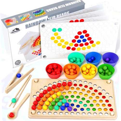 PRO100HOME Toddler Wooden Learning Montessori Toys – Preschool educational board bead game Baby Rainbow Stacking Matching Counting Color Sorting for fine Motor Math Skills Boys and Girls for 3 4 5 Years Old