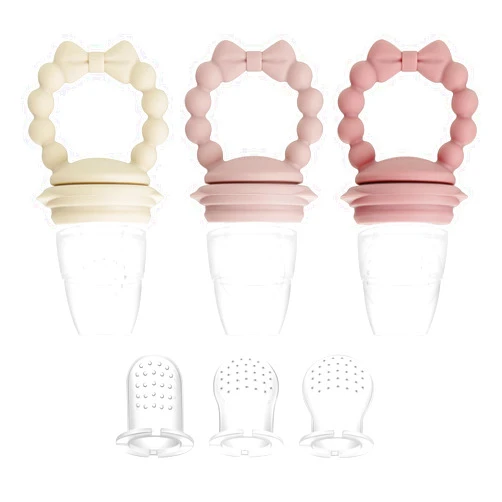 PandaEar 3 Pack Baby Fruit Food Feeder Pacifier with 3 Different Size Silicone Pouch, Silicone Teethers for Babies 3-6-12 Months, BPA Free Mesh Feeder, Baby Solid Food Essentials