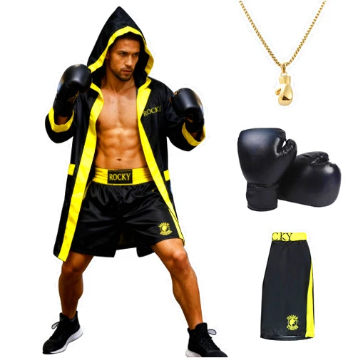 Comnfgl Men Boxing Costume Adult Satin American Flag Boxing Costume with Robe, Necklace, Boxing Gloves and Shorts