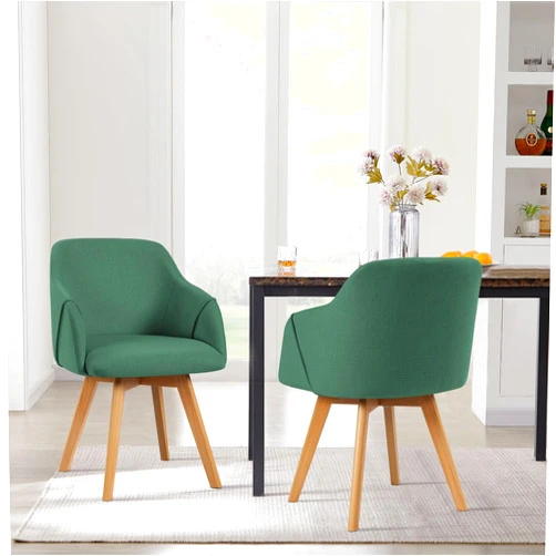RêveLife Swivel Dining Chairs with Arm, Set of 2, Modern Linen Fabric Upholstered Kitchen Dining Room Chairs, Swivel Accent Desk Chairs with Solid Wood Legs for Kitchen, Living Room, Green