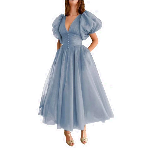 Xijun Puffy Sleeve Prom Dresses for Women Dotted Tulle V Neck Formal Evening Party Gowns Tea Length