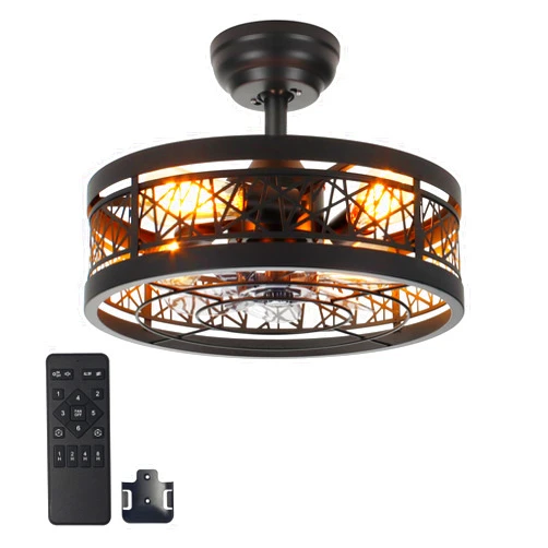 Nkorka 16.5inch Caged Ceiling Fans with Lights and Remote,Bladeless Fandelier Ceiling Fan with 6 Speeds and Timing, Farmhouse Samll Fan Lights Ceiling Fixtures for Kitchen,Bedroom (16.5