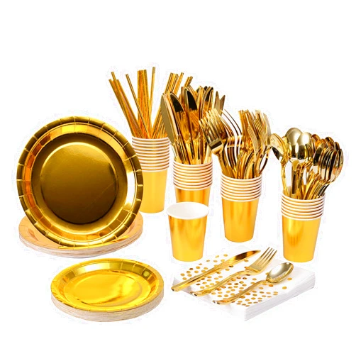 YAOSHENG 200Pcs Solid Gold Party Supplies - Gold Paper Plates & Napkins Cups Silverware Serves 25 Sets for Wedding Bridal Shower Engagement Birthday Parties (Gold)