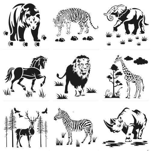 Zonon 9 Pieces Animal Stencil Templates Reusable Animal Painting Stencil Bear Tiger Elephant Horse Lion Giraffe Zebra Rhino Deer Craft Drawing Template for Greeting Card Scrapbook Wall Art (8 Inch)