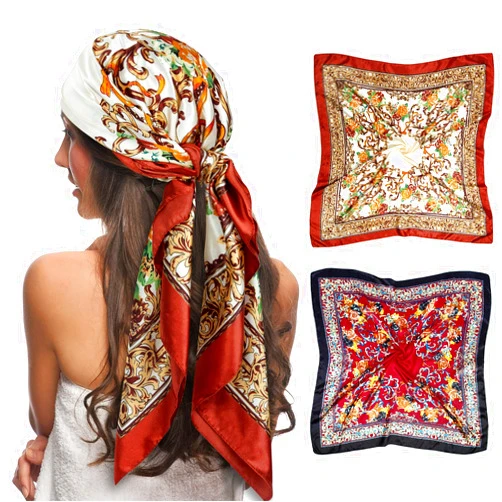 Senker Fashion 2 PCS Womens Satin Scarf Large Square Silk Feeling Head Hair Scarves Wraps for Sleeping 35 x 35 inches