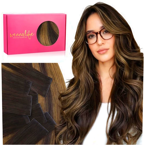 WENNALIFE Invisi Edge Tape in Hair Extensions Human Hair, 16 Inch 50g 20pcs Balayage Dark Brown Mixed Chestnut Brown Invisible Luxury Remy Hair Extensions Natural Seamless Injected Tape Ins Straight