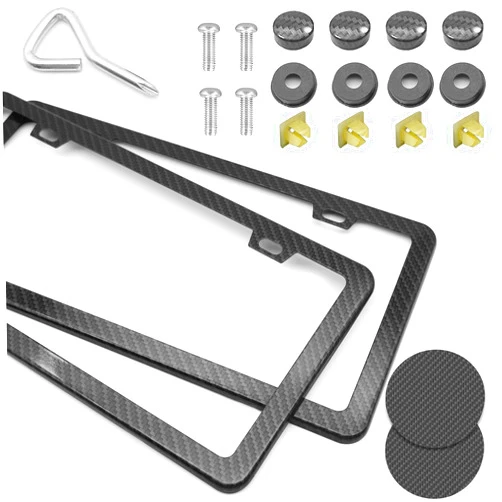 Limsas Carbon Fiber License Plate Frames Black, 2 Pack Car Plate Frame with Coasters Front and Rear Slim Thin Rust-Proof Universal Car Tag Holder