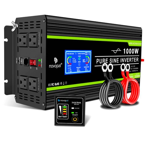 Novopal 1000 Watt Pure Sine Wave Power Inverter 12V DC to 110V/120V AC Converter- 4 AC Outlets Car Inverter with 1 USB Port-16.4 feet Remote Control,Two Cooling Fans and LCD Display Black