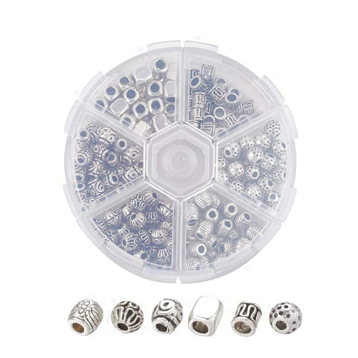 Craftdady 180Pcs 6 Styles Antique Silver Metal Spacer Beads Tibetan Vintage Barrel Column Tube Round Cuboid Rondelle Loose Pony Charm Beads for Jewelry Making