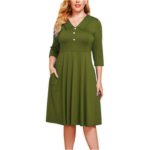 BEDOAR Women's Button Down Peter Pan Collar Plus Size Swing A-Line Work Party Casual Dress with Pockets