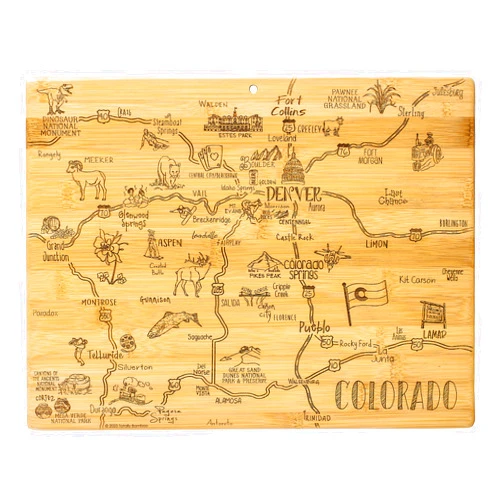 Totally Bamboo Destination Colorado State Shaped Serving and Cutting Board, Includes Hang Tie for Wall Display
