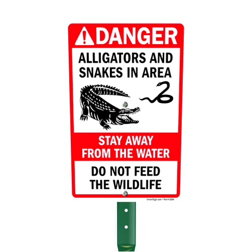 SmartSign 10 x 7 inch “Danger - Alligators And Snakes In Area - Do Not Feed Wildlife” Yard Sign with 18 inch Stake, 40 mil Laminated Rustproof Aluminum, Red/Black on White, Set of 1, Made in USA