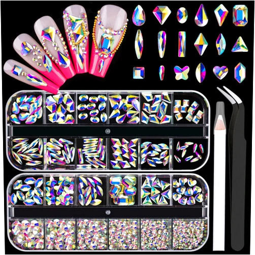 BELLEBOOST 18 Styles Multi-Shaped Glass Gemstones for Nails and 6 Sizes Round Crystal Rhinestones Kit #1, Iridescent AB Nail Art Charm Bead Manicure Decoration with Pickup Pencil and Tweezer