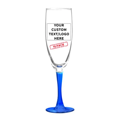 DISCOUNT PROMOS Custom Nuance Champagne Flutes by ARC 5.75 oz. Set of 10, Personalized Bulk Pack - Perfect for Hotel, Bar, Restaurant or Lounge - Blue