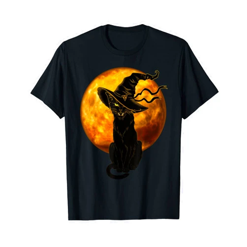 Dibble Dabble Designs Halloween Scary Vintage Black Cat with Witch Hat Full Moon - Halloween T-Shirt