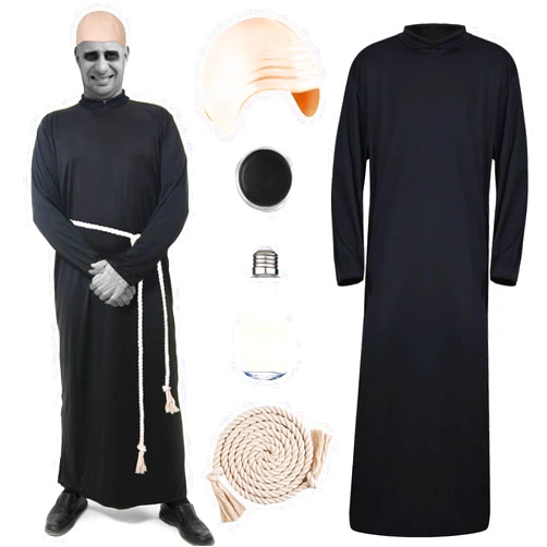Kuscul 5Pcs Halloween Uncle Costume Set Include Robe Cord Belt Bald Cap and Makeup Black Cream for Men Dress Up