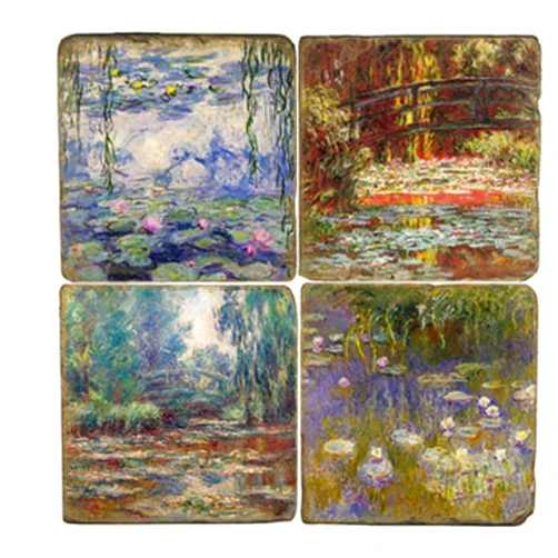 Metr Studio Vertu, Set of 4, Monet at Giverny Tumbled Botticino Marble 4.25