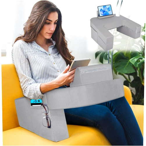 Ybaymy Reading Pillow for Gaming, Lap Desk Pillow, Extra Large Arm Rest Pillow with Pocket Tablet Pillow Stand and Cup Holder, Laptop Desk Pillow for Working, Playing Games or Reading in Bed Sofa