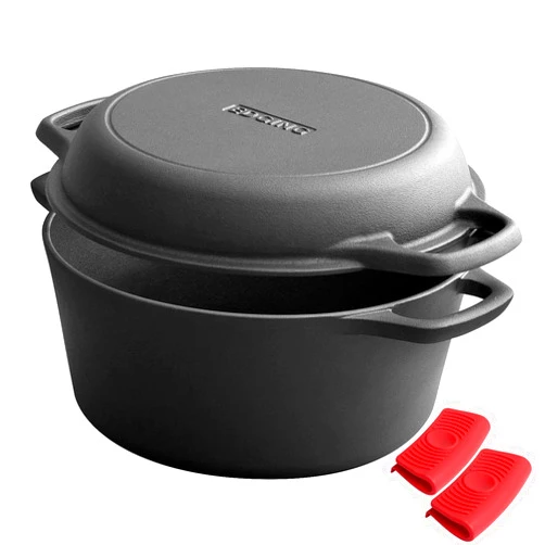EDGING CASTING 2-in-1 Pre-Seasoned Cast Iron Dutch Oven Pot with Skillet Lid Cooking Pan, Cast Iron Skillet Cookware Pan Set with Dual Handles Indoor Outdoor for Bread, Frying, Baking, Camping, BBQ, 5QT