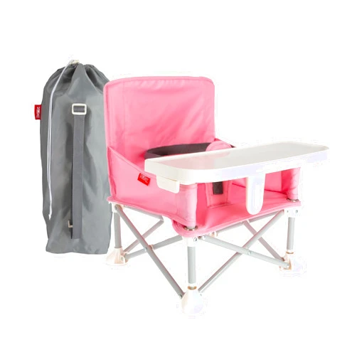 Nuby Easy Go Pop-Up Booster Seat with Removable Tray - 6+ Months - Portable Booster Seat for Floor for Indoor/Outdoor Use - 3-Point Safety Adjustable Straps - Includes Travel Bag - Pink