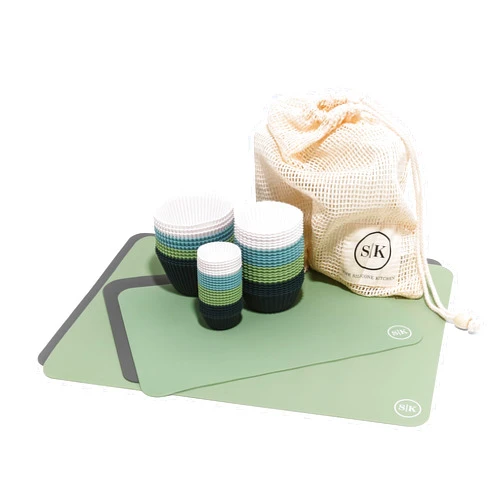 The Silicone Kitchen Starter Set Gift Bundle, 24 Regular, 12 Jumbo, 24 Mini Baking Cups, 2 Half-Sheet, 2 Quarter-Sheet Baking Mats, Blue, Green, White