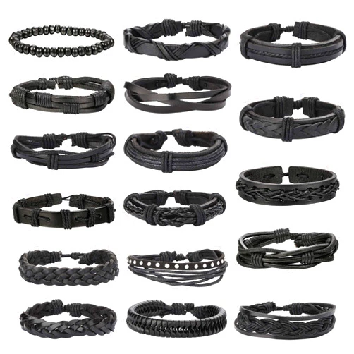 Jstyle 17Pcs Braided Leather Bracelet for Men Women Wooden Beaded Cuff Wrap Bracelet Adjustable